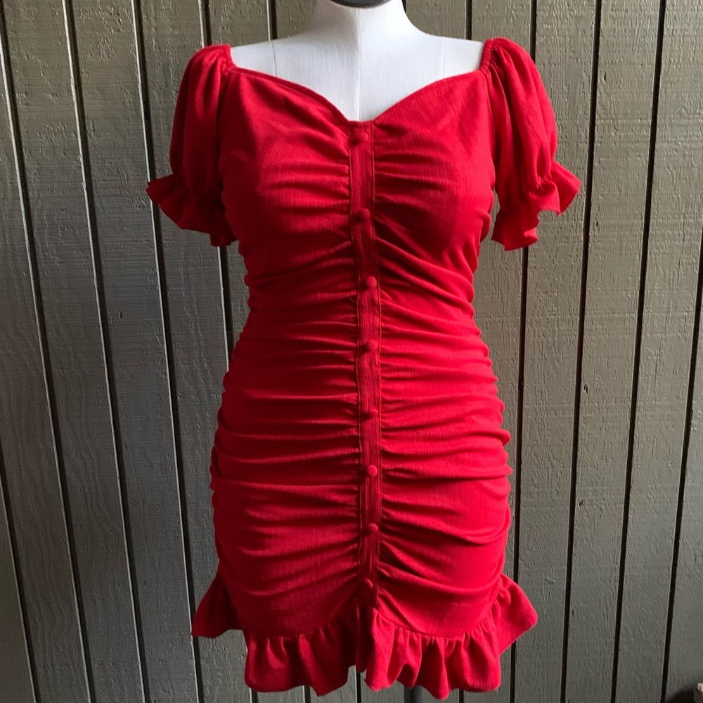 LEASROSE Red Short Sleeve Pleated Above Knee All Season Women’s Dress  XL - Picture 3 of 9